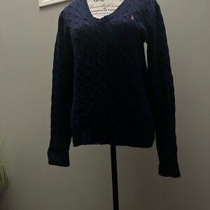 Polo Ralph Lauren Navy Cable Knit Sweater with Pink Logo